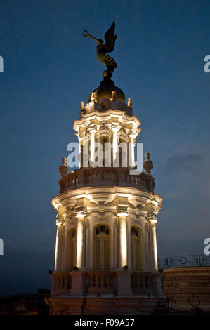 Vertical close up of the prominent corner tower of the Gran Teatro de la Habana in Havana, Cuba. Stock Photo