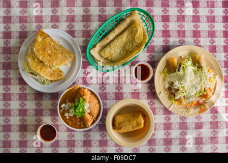 Overhead view of a group of Mexican taqueria favorites. Stock Photo