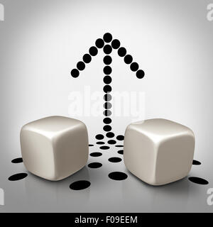 Dice arrow concept as a business symbol for taking control and increasing the odds of success for winning or planning a strategy to speculate on a new opportunity as the black pips or dots falling off the blank cubes to form a shape pointing up. Stock Photo