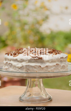 Hummingbird cake on cake stand outdoors with yellow flowers in background Stock Photo