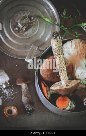 Edible forest mushrooms (Birch bolete - Leccinum scabrum and Boletus edulis ) in aluminum pan. With vintage kitchenware and spri Stock Photo