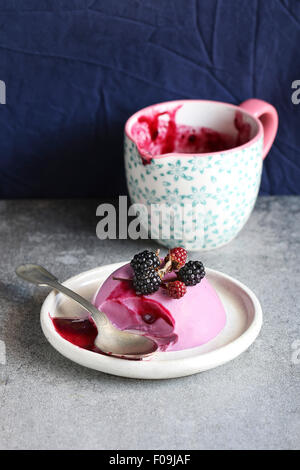 Blackberry panna cotta dessert on a plate decorated with fresh blackberry and a jug with blackberry sauce in background Stock Photo