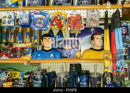 Nostalgic souvenirs including old time super hero lunch boxes and StarTrek memorabilia sold at Dick's 5 & 10 store Stock Photo