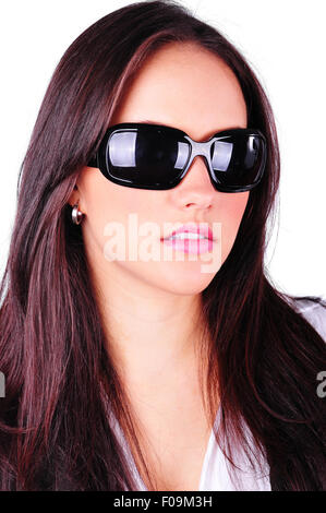 Atractive young woman with sun glasses isolated on white Stock Photo