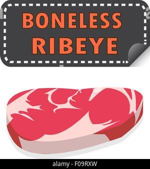 Unwrapped Fresh Boneless Ribeye steak with fat and sticker banner,vector Stock Vector