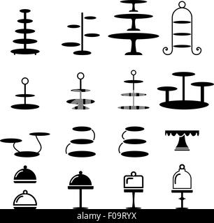 Set of cake stand in silhouette icon, vector Stock Vector