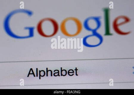 Schwerin, Germany. 11th Aug, 2015. ILLUSTRATION - An illustration shows the term 'Alphabet' on a screen displaying the website of search engine Google in Schwerin, Germany, 11 August 2015. The technology company will be scaled down and operate under a newly created umbrella company named Alphabet in a bid to reorganize its corporate structure. Photo: JENS BUETTNER/dpa/Alamy Live News Stock Photo