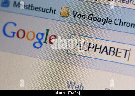 Schwerin, Germany. 11th Aug, 2015. ILLUSTRATION - An illustration shows the term 'Alphabet' on a screen displaying the website of search engine Google in Schwerin, Germany, 11 August 2015. The technology company will be scaled down and operate under a newly created umbrella company named Alphabet in a bid to reorganize its corporate structure. Photo: JENS BUETTNER/dpa/Alamy Live News Stock Photo