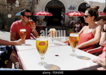 Glasses of ice cold Stella Artois beer at a bar in Puy-l'Eveque a small town in France situated in the Lot department Stock Photo