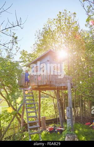Young boy in tree house Stock Photo