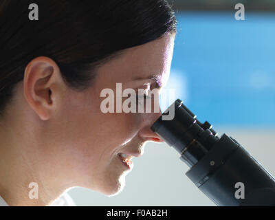 Scientist viewing cultures under inverted microscope for medical and pharmaceutical research Stock Photo