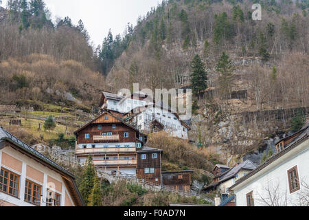 Houses on mountainside, Hallstatt, Austria Stock Photo