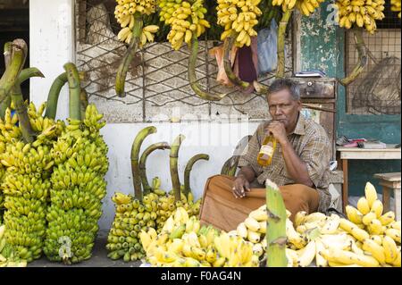 Two banana vendors standing in shop at Colombo, Sri Lanka Stock Photo