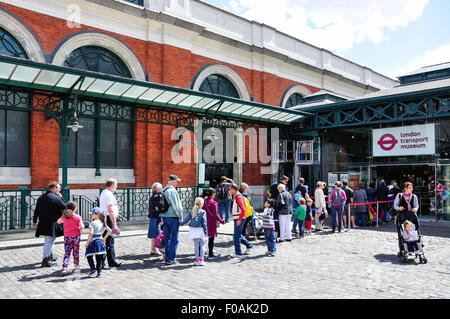 Queue at entrance to London Transport Museum, Covent Garden, City of Westminster, London, England, United Kingdom Stock Photo