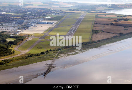 aerial view down the runway approach of Liverpool John Lennon Airport Stock Photo