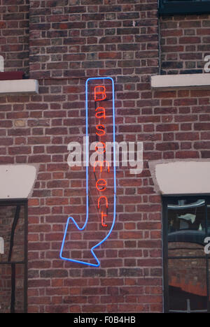 Editorial image taken in Liverpool of Basement sign on the front of a nightclub/bar Stock Photo