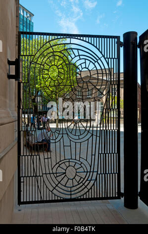 One of the newly installed (2015) gates at the Mount Street entrance to Library Walk, Manchester, England, UK. Stock Photo