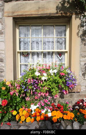 A window box festooned with flowering plants sits on a sill of a traditional stone cottage in the Peak District, Derbyshire UK Stock Photo