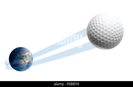 A sporting concept showing a regular golf ball swooshing out and above the earth onto an isolated white studio background Stock Photo