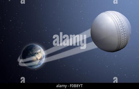 A sporting concept showing a regular white cricket ball swooshing out and above the earth onto a starry space background Stock Photo