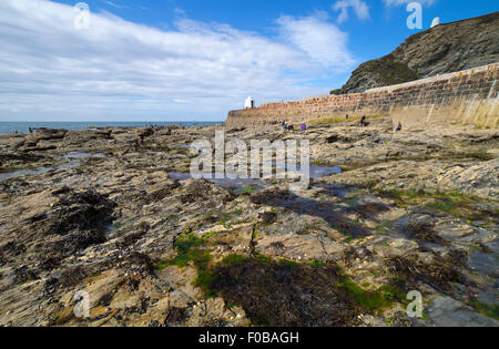 Portreath pier rock pools at low tide, Cornwall England. Stock Photo