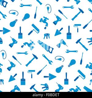 Seamless craftsman tools pattern in two solid colors on white background Stock Vector