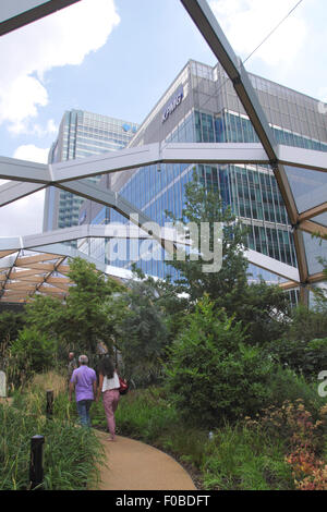 Docklands skyscraper viewed from Crossrail Place Roof Garden Canary Wharf London Stock Photo