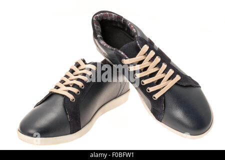 Black leather casual sports shoes - isolated on white Stock Photo