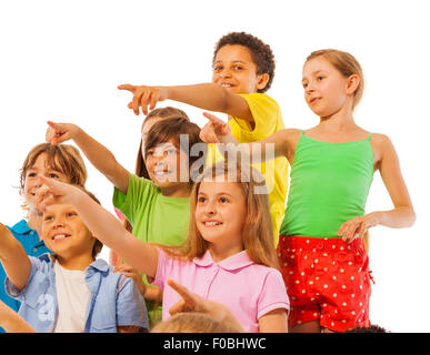 Large group of kids boys and girls pointing finger Stock Photo