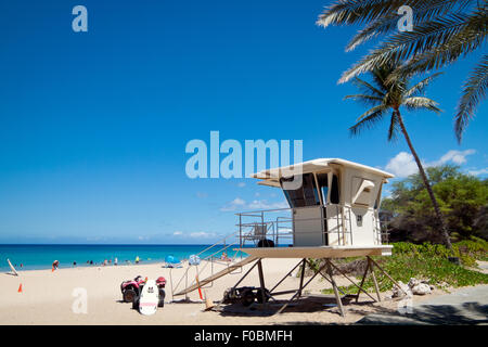 A view of beautiful Hapuna Beach on blue sky day.  Hapuna Beach State Park, Hawai'i (Hawaii). Stock Photo