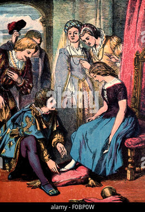 Prince Charming putting the Glass Slipper on Cinderella while her stepsisters, Anastasia and Drizella, look on in jealousy Stock Photo