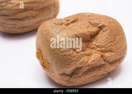 Spoiled damage kiwi on white background, unhealthy eating Stock Photo