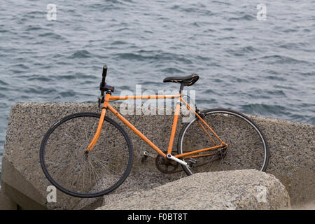 Abandoned Bicycle on a flood barrier over the ocean Stock Photo