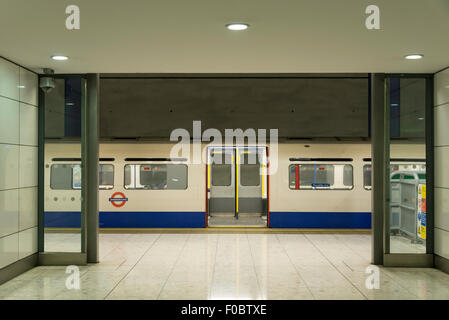 Train at platform, Terminal 5 Underground, Heathrow Airport. London Borough of Hounslow, Greater London, England, United Kingdom