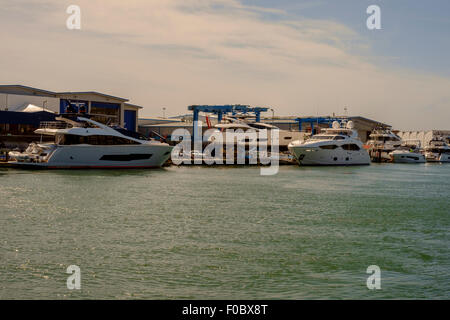 Sunseeker luxury boats alongside in Sunseeker boat yard Poole Dorset United Kingdom Stock Photo