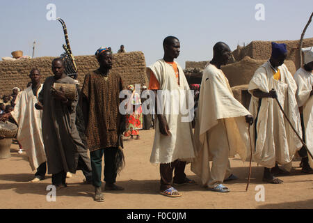 BAMAKO, MALI - OCTOBER 4, 2008:  Religious ceremony of the tribe of bambara. The dancer wears a distinctive hat-traditional wood Stock Photo