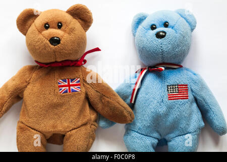 America and Britannia ty beanie baby teddy bears set on white background - UK and USA hand in hand together concept Stock Photo