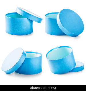 Blue round gift boxes collection. Holiday present. Objects isolated on white background Stock Photo