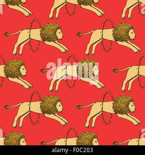 Sketch lion jumping through the fire hoop in vintage style, vector seamless pattern Stock Vector