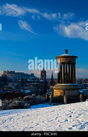 Edinburgh from Calton Hill city winter skyline with Dugald Stewart monument in foreground, Lothian, Scotland, UK, Europe, Stock Photo