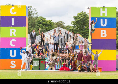 Edinburgh, UK. 12th Aug, 2015. Underbelly Directors Ed Bartlam and Charlie Wood launch the Circus Hub at the Edinburgh Fringe Festival with performers from the venue Credit:  Richard Dyson/Alamy Live News Stock Photo