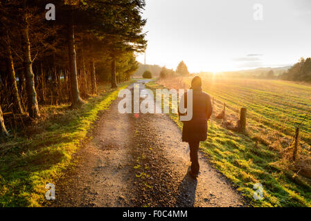 A woman walks along a country path into the sunset