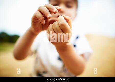 Close up of boy holding a pebble in his hands Stock Photo