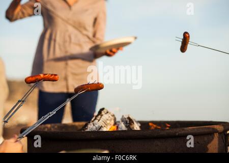 Group of friends having barbecue on beach Stock Photo