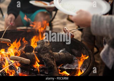 Group of friends having barbecue on beach Stock Photo