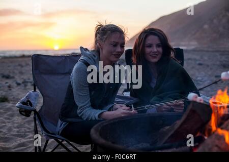 Girlfriends having barbecue on beach, Malibu, California, USA Stock Photo