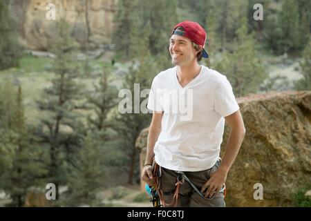 Happy rock climber, Smith Rock State Park, Oregon Stock Photo