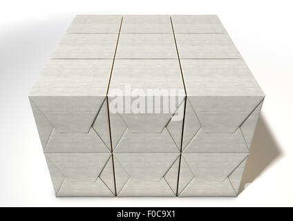 A uniform stack of cube shaped parcel boxes wrapped in brown paper on an isolated white studio background Stock Photo