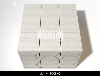 A uniform stack of cube shaped parcel boxes wrapped in brown paper on an isolated white studio background Stock Photo