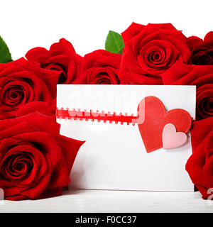 Hearts greeting card with beautiful red roses over white background Stock Photo